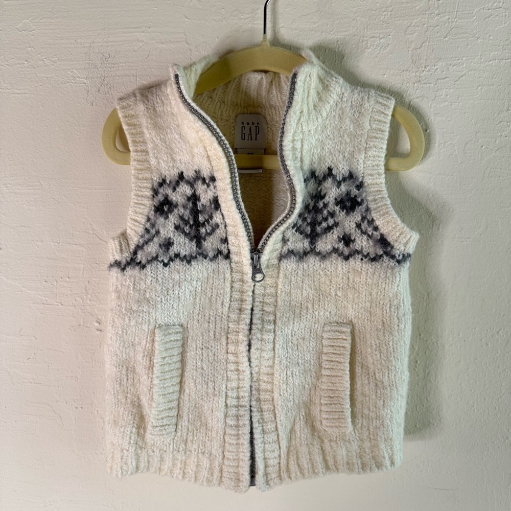 Baby Gap Cream and Gray Patterned Knit Vest Full Zip Wool Blend Size 2T - Picture 1 of 4